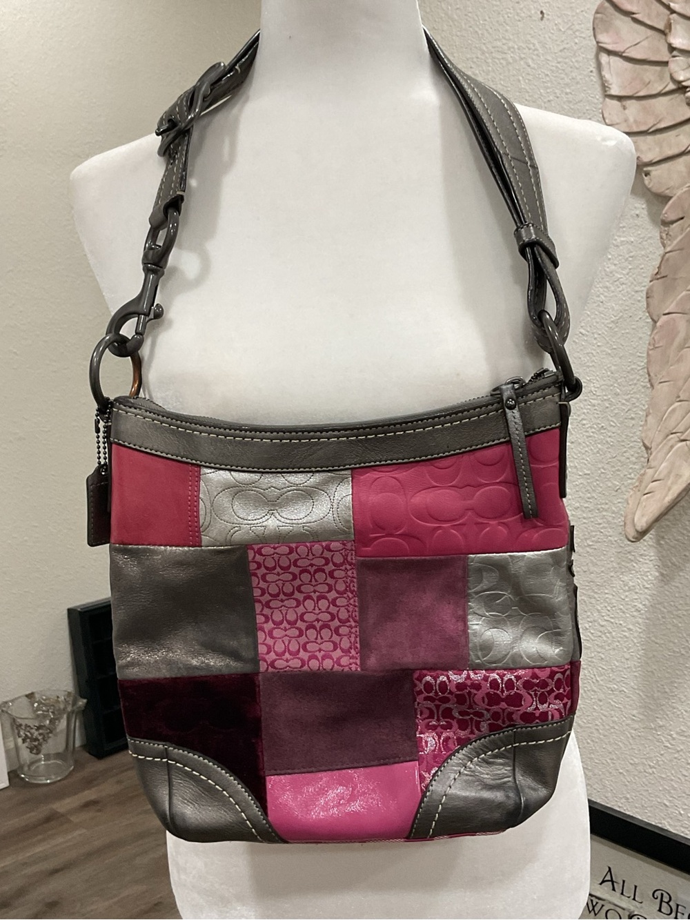 Coach Patchwork y2k Shoulder Bag #F12863 in Pink & Gray